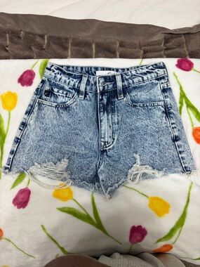 KanCan Acid Wash High-Rise Cutoff Jean Shorts - Light Blue